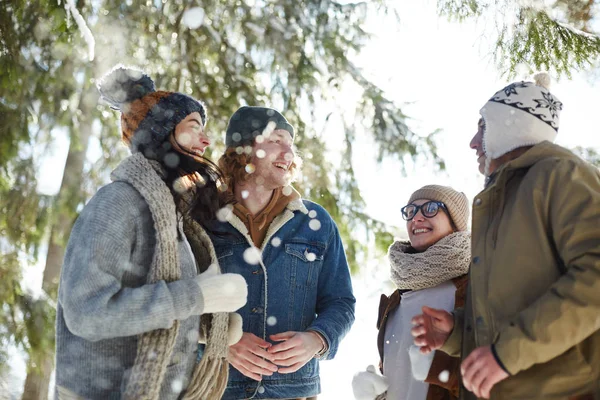Grupo Jovens Despreocupados Que Gostam Caminhar Bela Floresta Inverno Iluminada — Fotografia de Stock