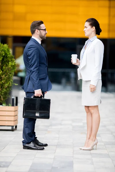 Side View Young Successful Male Female Having Good Conversation Business — Stock Photo, Image