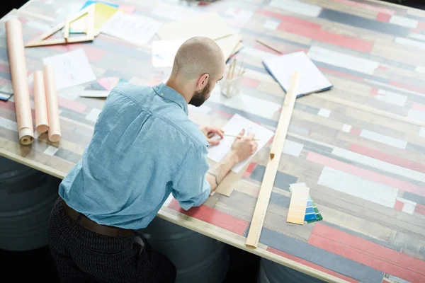 Directly View Concentrated Bald Male Interior Designer Beard Leaning Loft — Stock Photo, Image