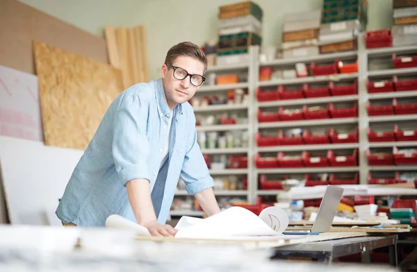 Young Handcraft Master Leaning Workplace Sketch Looking You Working Process — Stock Photo, Image