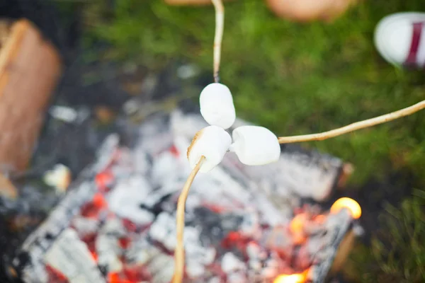 燃えるキャンプファイヤーの上に一緒に置かれた棒の上に3つの白いマシュマロが揚げる — ストック写真