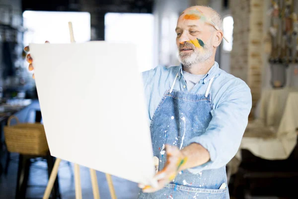Aged Artist Painted Face Standing Front His Easel Painting Studio — Stock Photo, Image