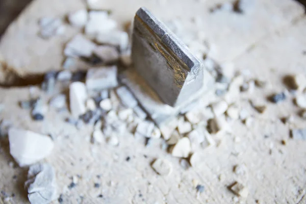 Close Shot Metal Tool Concrete Floor Stone Shards Scattered Copy — Stock Photo, Image