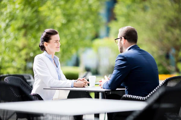 Side View Young Handsome Successful Male Talking Lady Plastic Cup — Stock Photo, Image