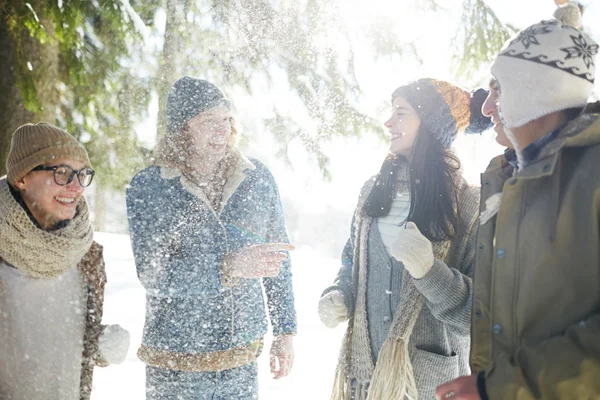 Група Безтурботних Молодих Людей Сміється Щасливо Насолоджуючись Прогулянкою Красивому Зимовому — стокове фото