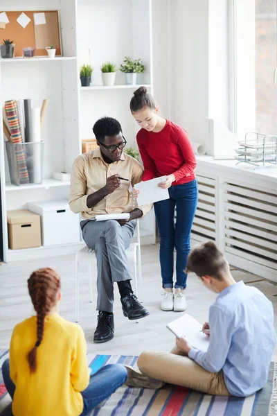 Little Schoolgirl Showing Teacher Her Paper Correct Possible Mistakes Ask — Stock Photo, Image