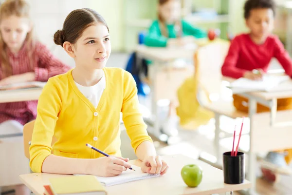 Inquisitive Pretty Schoolgirl Bright Cardigan Making Notes Workbook While Listening — Stock Photo, Image