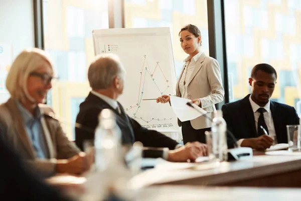 Young Confident Speaker Formalwear Standing Whiteboard Explaining Graph Conference — 스톡 사진