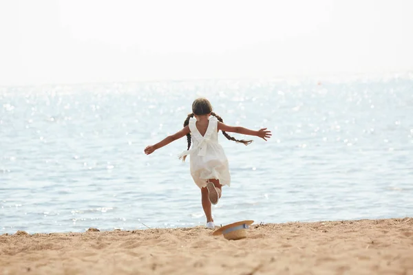 Back View Portrait Carefree Teenage Girl Running Sea Happily Stretching — Stock Photo, Image