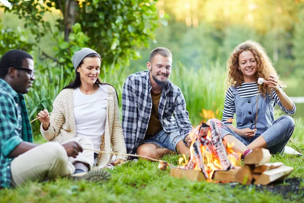 Junge Freundliche Männer Und Frauen Entspannen Sich Lagerfeuer Und Braten — Stockfoto