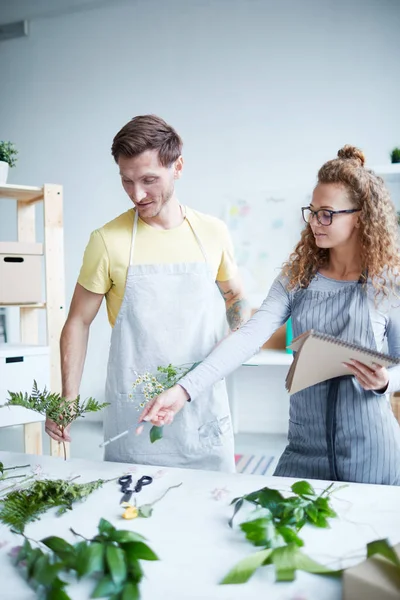 Jeune Femme Tablier Pointant Les Feuilles Saule Tout Offrant Pour — Photo