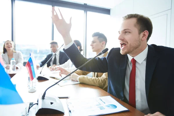 Young Active Emotional Delegate Debating Speaker One Points Report — Stock Photo, Image