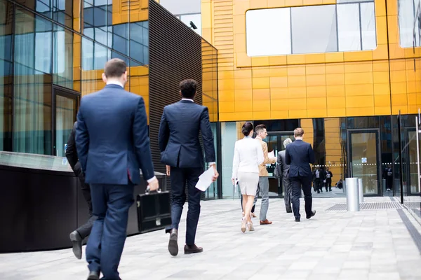 Achteraanzicht Van Rij Van Zakenlui Formalwear Wandelen Naar Ingang Van — Stockfoto