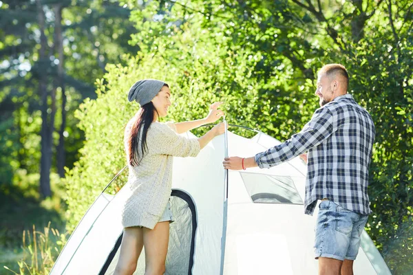 Jonge Backpackers Casualwear Maken Tent Terwijl Gestopt Voor Rust Natuurlijke — Stockfoto