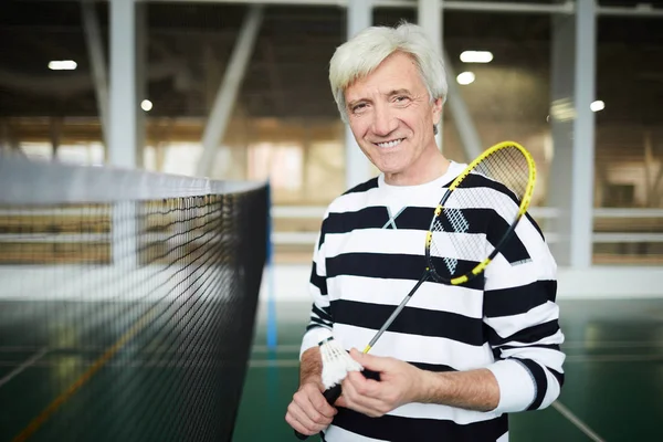 Happy Senior Man Badminton Racket Shuttlecock Standing Net Modern Leisure — Stock Photo, Image