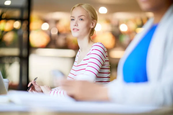 Young Woman Thinking Idea While Sitting Cafe Preparing Report Presentation — ストック写真