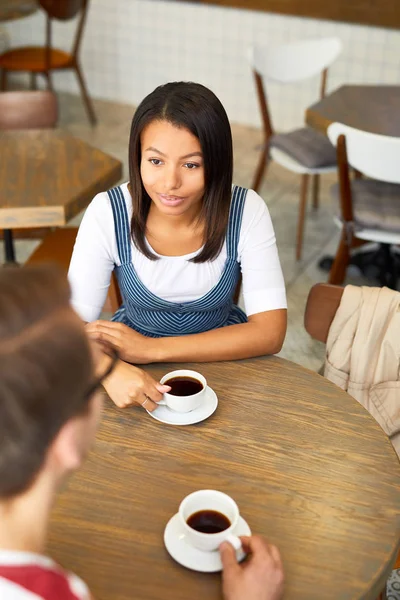 Young Woman Man Having Black Coffee While Sitting Table Cafe — 스톡 사진