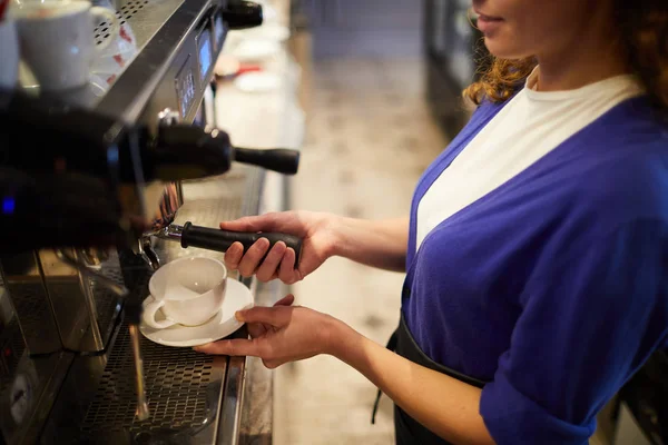 Young Female Barista Making Fresh Aromatic Coffee One Clients While Stock Photo