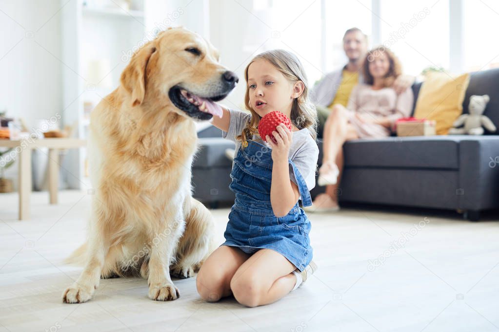 Adorable little girl holding red toy while playing with her fluffy friend on the floor of living-room