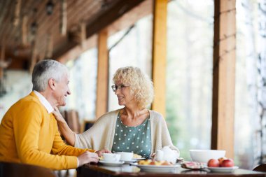 Kıvırcık saç ile mutlu güzel kıdemli eşi gözlük kocasının omuz dokunmadan ve onlar verandada kahvaltıda konuşurken ona destek giyiyor