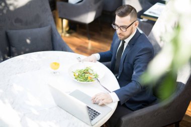 Genç işadamı dizüstü bilgisayarın önünde oturuyor, iletişim kuruyor ve vejetaryen yemeği yiyor.