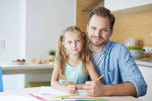 Young Man Little Girl Crayons Siting Kitchen Home Drawing Having — Stock Photo, Image