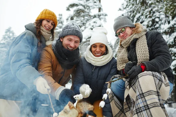 Jeunes Amis Multiethniques Excités Positifs Manteaux Hiver Assis Près Feu — Photo