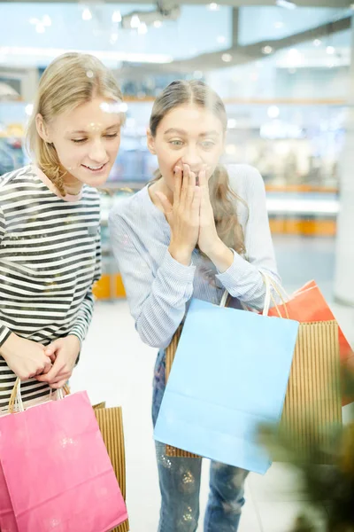 소녀와 그녀의 Paperbags 쇼핑몰에서 판매에 하루를 — 스톡 사진
