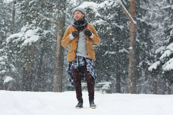 Inhoud Knap Jonge Reiziger Warme Kleding Staande Sneeuw Rondkijken Terwijl — Stockfoto