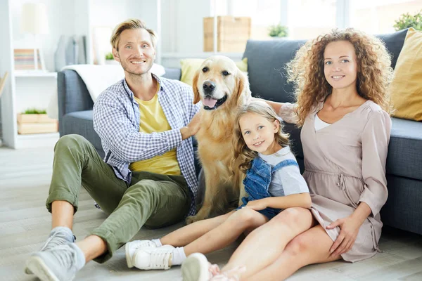 Leende Medlemmar Unga Modern Familj Och Deras Renrasiga Vänliga Husdjur — Stockfoto