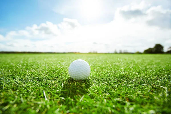 Белый Мяч Гольфа Лежащий Зеленой Траве Игрового Поля Солнечный День — стоковое фото