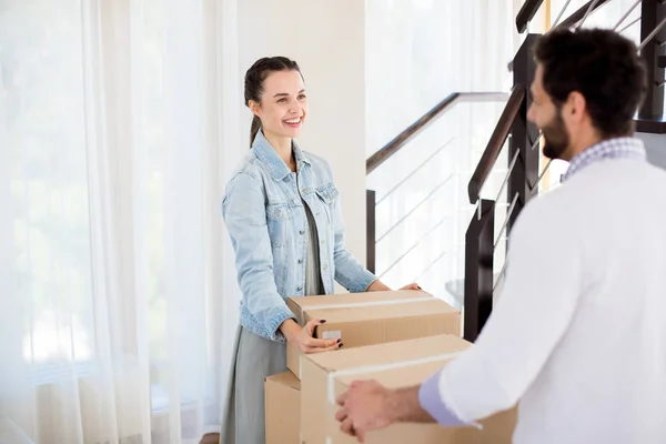 Young Husband Wife Stack Packed Boxes Standing Staircase Talking Relocation — Stock Photo, Image