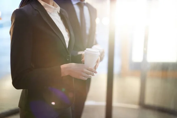 Businesswoman Suit Holding Plastic Glass Hot Drink Coffee Break — Stock Photo, Image