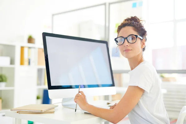 Young Professional Designer Looking You While Sitting Desk Front Computer — 스톡 사진