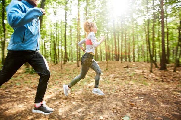 Casal Jovem Activewear Movendo Chão Floresta Manhã Ensolarada Fundo Árvores — Fotografia de Stock