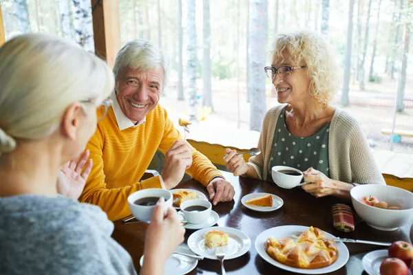 Feliz Pareja Ancianos Mirando Amigo Durante Conversación Por Taza Cafetería —  Fotos de Stock