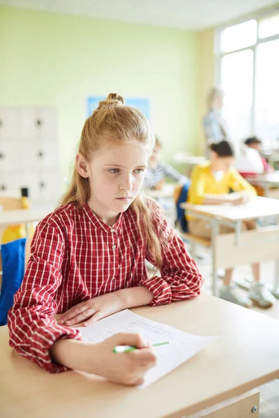 Pensive Concentrated Schoolgirl Checkered Shirt Thinking Test Solution Sitting Desk — Stock Photo, Image