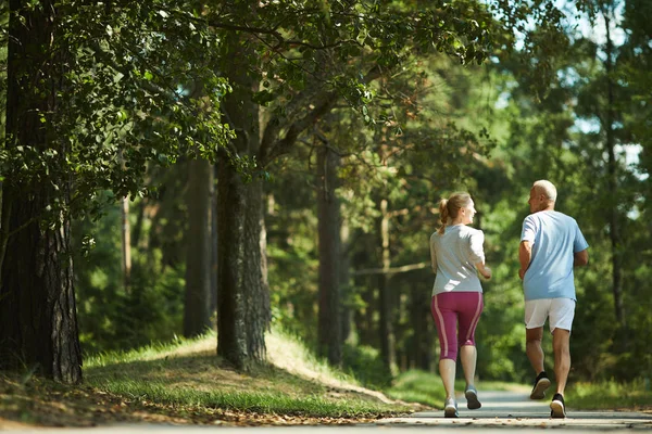 Widok Tyłu Aktywnych Seniorów Jogging Rano Naturalnym Środowisku — Zdjęcie stockowe