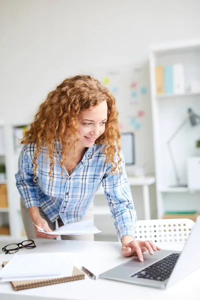 Young Accountant Documents Leaning Desk While Looking Something Net — 스톡 사진