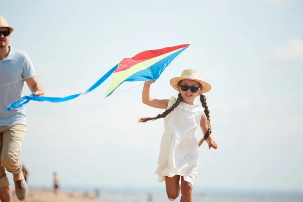 Cheerful Cute Little Girl Colorful Kite Running Beach Her Father — Stock Photo, Image