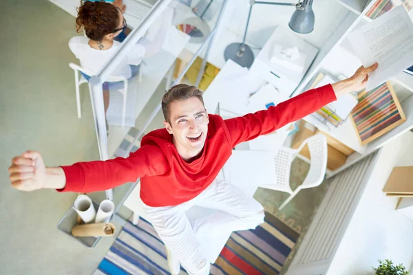 Ecstatic Businessman Paper Raising Hands While Expressing His Happiness — Stock Photo, Image