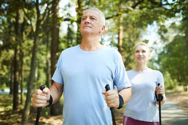 活跃的老年男女在运动服装享受夏季在自然环境中 同时徒步旅行 — 图库照片