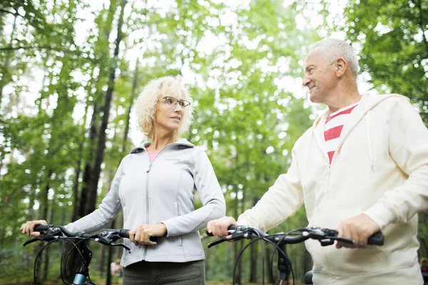 穿着运动服的老年夫妇决定在夏天去哪里骑自行车 — 图库照片