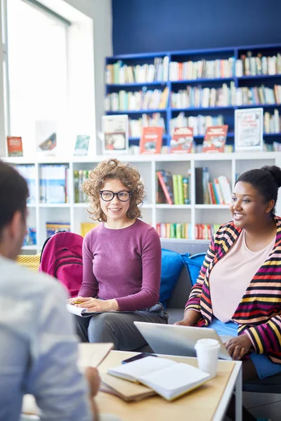 Group Students Preparing Important Exam Together While Sitting Table Library — Stock Photo, Image