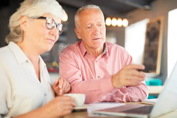 Senior Analyst Zeigt Auf Laptop Display Während Seinem Kollegen Online — Stockfoto