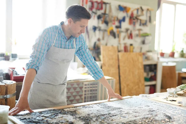 Waist Portrait Modern Artisan Wearing Apron Working Mosaic Tiles Workshop — Stock Photo, Image