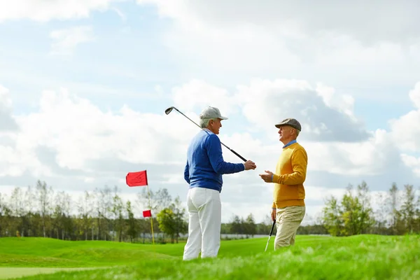 Two Active Friendly Men Golf Clubs Discussing Forthcoming Game New — Stock Photo, Image