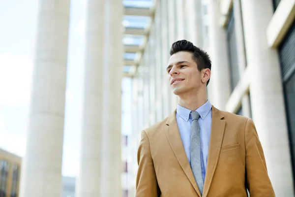 Smiling Self Confident Handsome Guy Working Business Field Standing Modern — Stock Photo, Image