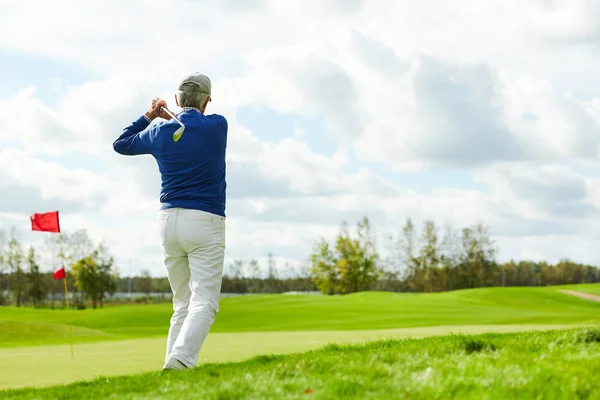 Rear View Active Aged Man Casualwear Golf Club Hitting Ball — Stock Photo, Image