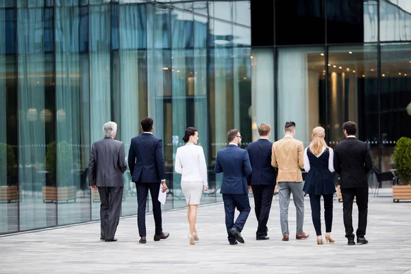 Achteraanzicht Van Verschillende Zakelijke Collega Formalwear Wandelen Langs Modern Gebouw — Stockfoto